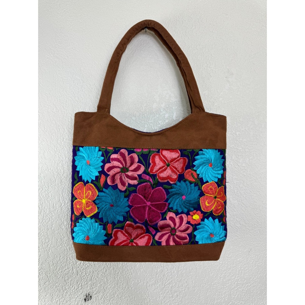 Floral‎ Embroidered Canvas Tote Bag Purple Brown Faux Suede Boho Shoulder Bag - Picture 5 of 6